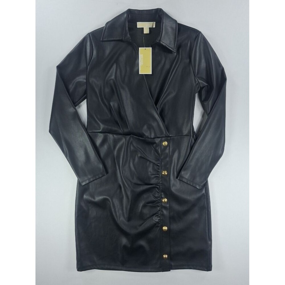 Michael Kors Petite M Faux Leather Wrap Dress Black Long Sleeve Knee Length NWT